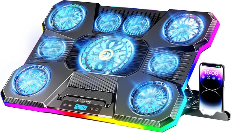 ChillCore Laptop Cooling Pad, RGB Lights Laptop Cooler 9 Fans for 15.6-19.3 Inch Laptops, Gaming Laptop Fan Cooling Pad with 8 Height Stands, 2 USB Ports - A21 Blue - Image 1